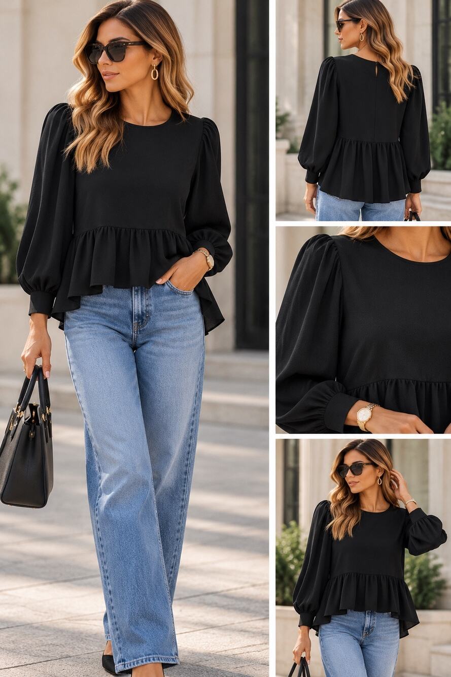 Tibi Long Puff Sleeve Round Neck Peplum Hem Blouse Top Black Women's Size 0